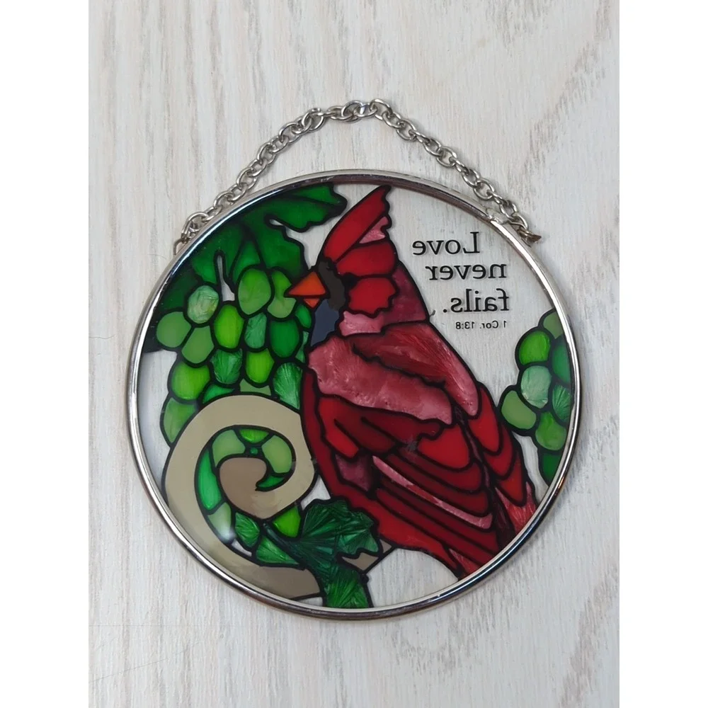 Cardinal suncatcher window hanging stained‎ glass Love Never Fails 1 Cor 13:8